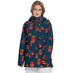 Strawberry Texture, Blue Background With Strawberries Women s Pullover Zip Ski And Snowboard Waterproof Breathable Jacket