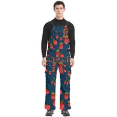 Strawberry Texture, Blue Background With Strawberries Men s Side Zip Front Pouch Ski And Snowboard Bib Pants	