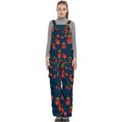 Strawberry Texture, Blue Background With Strawberries Women s Side Zip Front Pouch Ski And Snowboard Bib Pants	