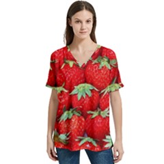 Strawberry Texture, Macro, Ripe Strawberry V-neck Split Shoulder Casual T-shirt by kyorashop23