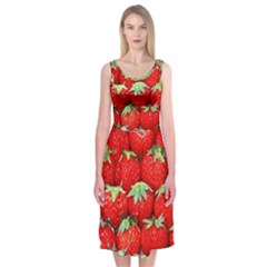 Strawberry Texture, Macro, Ripe Strawberry Midi Sleeveless Dress