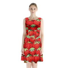 Strawberry Texture, Macro, Ripe Strawberry Sleeveless Waist Tie Chiffon Dress