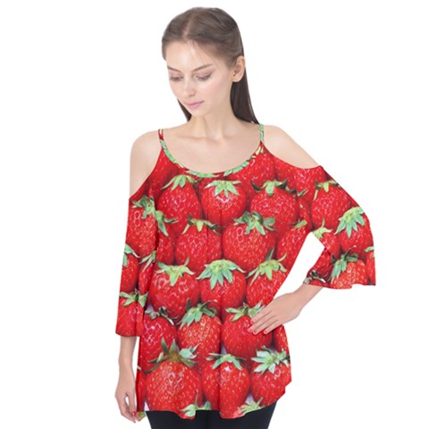 Strawberry Texture, Macro, Ripe Strawberry Flutter Sleeve T-shirt by kyorashop23