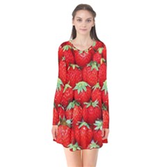 Strawberry Texture, Macro, Ripe Strawberry Long Sleeve V-neck Flare Dress by kyorashop23