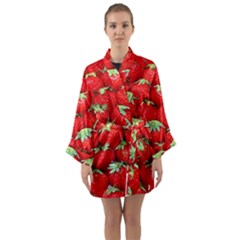 Strawberry Texture, Macro, Ripe Strawberry Long Sleeve Satin Kimono