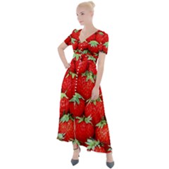 Strawberry Texture, Macro, Ripe Strawberry Button Up Short Sleeve Maxi Dress