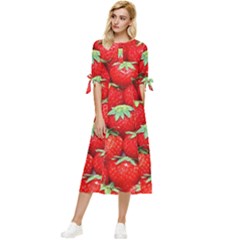 Strawberry Texture, Macro, Ripe Strawberry Bow Sleeve Chiffon Midi Dress