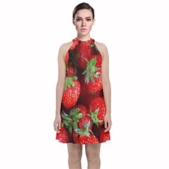 Strawberry, Berries, Fresh, Red Velvet Halter Neckline Dress 