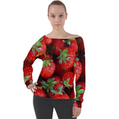 Strawberry, Berries, Fresh, Red Off Shoulder Long Sleeve Velour Top by kyorashop23