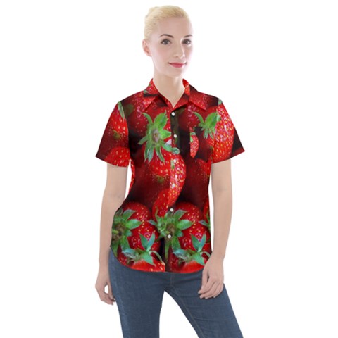 Strawberry, Berries, Fresh, Red Women s Short Sleeve Pocket Shirt by kyorashop23