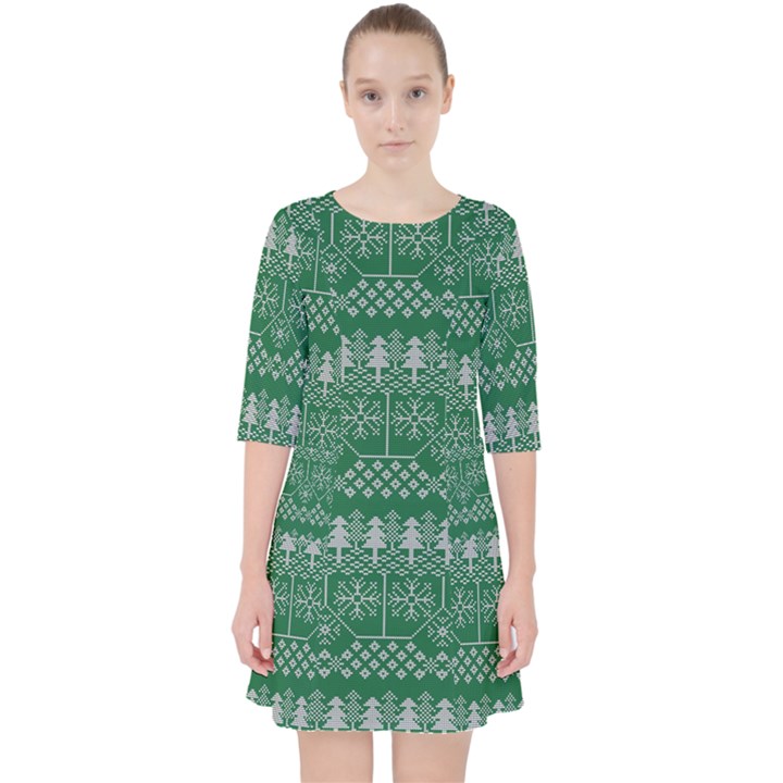 Christmas Knit Digital Quarter Sleeve Pocket Dress