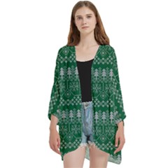 Christmas Knit Digital Open Front 3/4 Sleeve Batwing Chiffon Cardigan Kimono