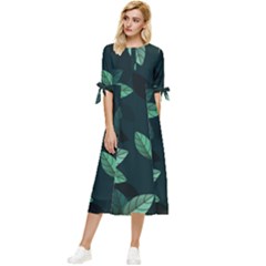 Foliage Bow Sleeve Chiffon Midi Dress