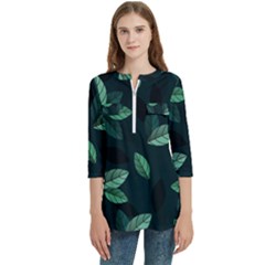 Foliage Women s Zip Front V-neck 3/4 Sleeve Casual Top Pocket Shirt