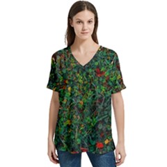 Grass Nature Meadow V-neck Split Shoulder Casual T-shirt