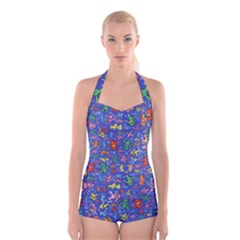 Grateful Dead Dancing Bears Pattern Boyleg Halter Swimsuit 