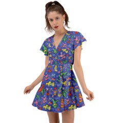 Grateful Dead Dancing Bears Pattern Flutter Sleeve Wrap Dress by Salmanaz77