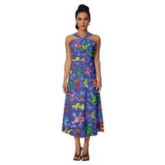 Grateful Dead Dancing Bears Pattern Sleeveless Cross Front Cocktail Midi Chiffon Dress