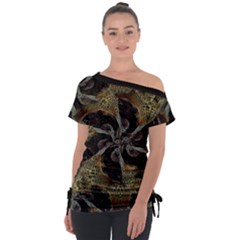 Abstract Organic Pattern Design In Dark Warm Colors Off Shoulder Tie-up T-shirt