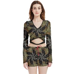 Abstract Organic Pattern Design In Dark Warm Colors Velvet Wrap Crop Top And Shorts Set