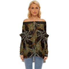 Abstract Organic Pattern Design In Dark Warm Colors Off Shoulder Chiffon Pocket Shirt