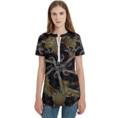 Abstract Organic Pattern Design In Dark Warm Colors Women s Zip Front V-neck Short Sleeve Casual Top Pocket Shirt