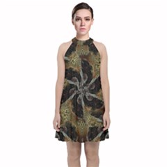 Abstract Ornate Organic Texture Design Print Velvet Halter Neckline Dress 