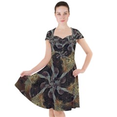 Abstract Ornate Organic Texture Design Print Cap Sleeve Midi Dress With Pockets