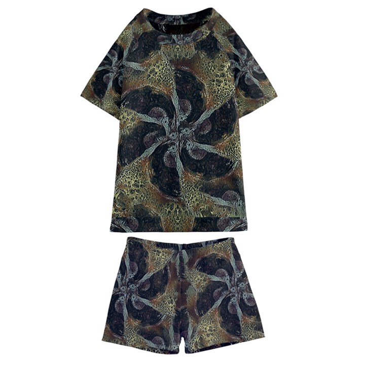 Abstract Ornate Organic Texture Design Print Kids  Swim T-Shirt and Shorts Set