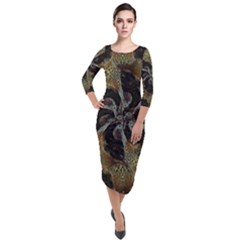 Abstract Ornate Organic Texture Design Print Quarter Sleeve Midi Velour Bodycon Dress