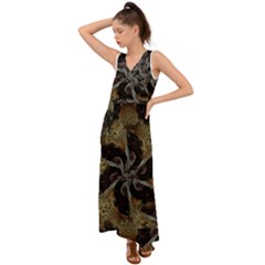 Abstract Ornate Organic Texture Design Print V-neck Chiffon Maxi Dress