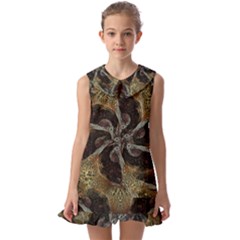 Abstract Ornate Organic Texture Design Print Kids  Pilgrim Collar Ruffle Hem Dress