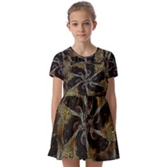 Abstract Ornate Organic Texture Design Print Kids  Short Sleeve Pinafore Style Dress