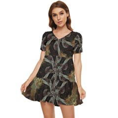 Abstract Ornate Organic Texture Design Print Tiered Short Sleeve Babydoll Dress