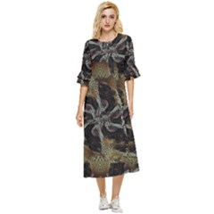 Abstract Ornate Organic Texture Design Print Double Cuff Midi Dress