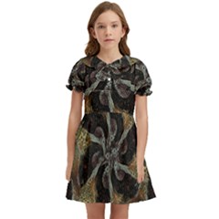 Abstract Ornate Organic Texture Design Print Kids  Bow Tie Puff Sleeve Dress