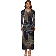 Abstract Ornate Organic Texture Design Print Long Sleeve Longline Maxi Dress