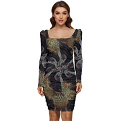 Abstract Ornate Organic Texture Design Print Women Long Sleeve Ruched Stretch Jersey Dress