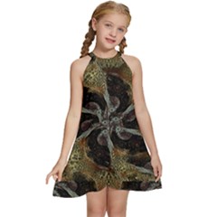 Abstract Ornate Organic Texture Design Print Kids  Halter Collar Waist Tie Chiffon Dress