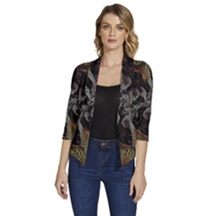 Abstract Ornate Organic Texture Design Print Women s Draped Front 3/4 Sleeve Shawl Collar Jacket