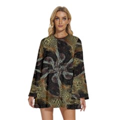 Abstract Ornate Organic Texture Design Print Round Neck Long Sleeve Bohemian Style Chiffon Mini Dress