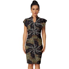 Abstract Ornate Organic Texture Design Print Vintage Frill Sleeve V-neck Bodycon Dress