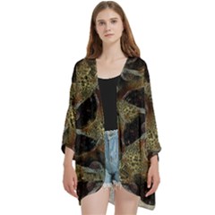 Abstract Ornate Organic Texture Design Print Open Front 3/4 Sleeve Batwing Chiffon Cardigan Kimono