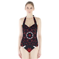 Red Shapes Mandala   Halter Swimsuit