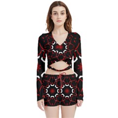 Red Shapes Mandala   Velvet Wrap Crop Top And Shorts Set