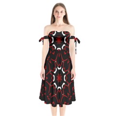 Red Shapes Mandala   Shoulder Tie Bardot Midi Dress