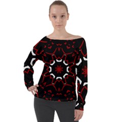 Red Shapes Mandala   Off Shoulder Long Sleeve Velour Top