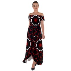 Red Shapes Mandala   Off Shoulder Open Front Chiffon Dress