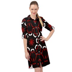 Red Shapes Mandala   Long Sleeve Mini Shirt Dress