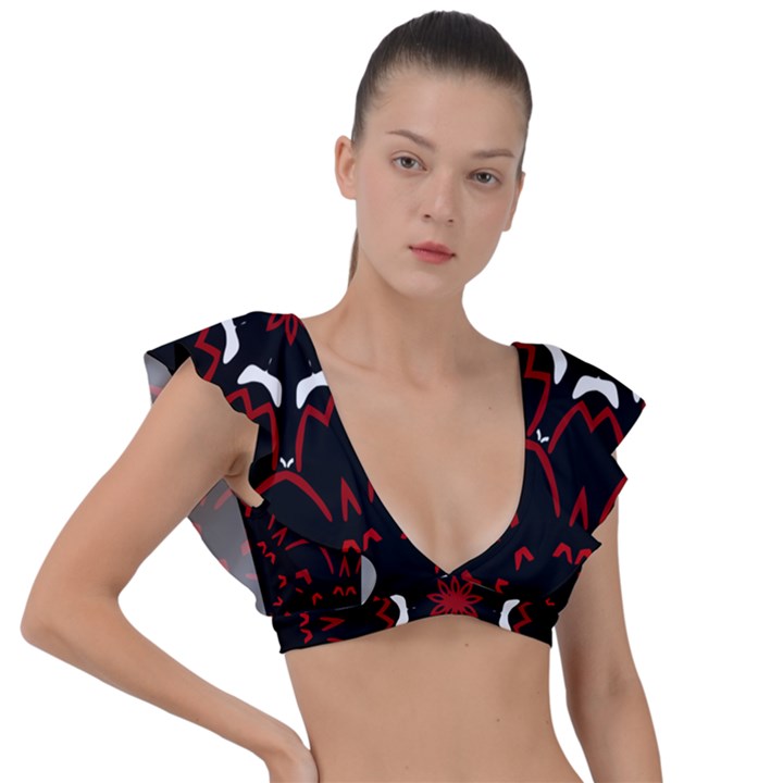 Red Shapes Mandala   Plunge Frill Sleeve Bikini Top